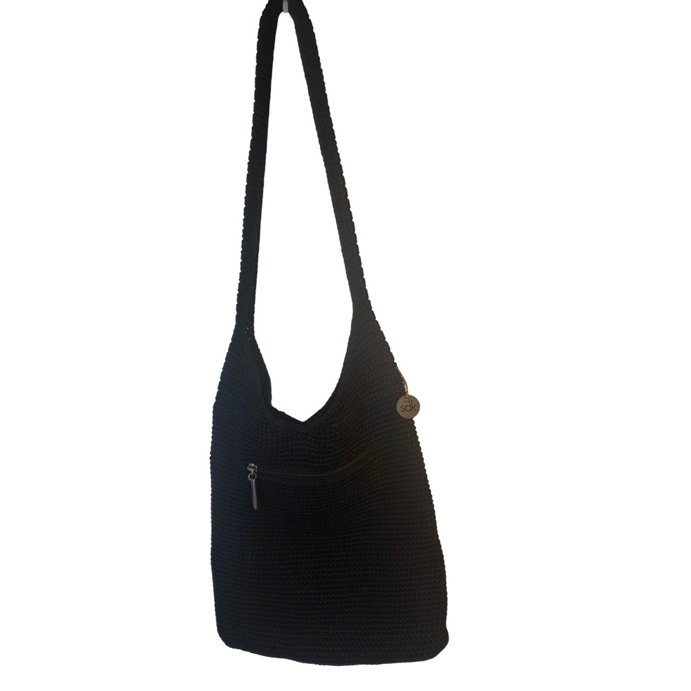 The Sak Black Crochet Hobo Bag Shoulder Purse Zip Pocket Classic Knit Handbag